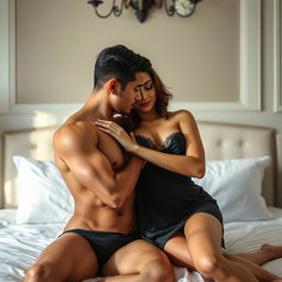 A 22-year-old Indonesian man with an athletic body and handsome features, engaging in an intimate moment in missionary position with a stunning 30-year-old woman