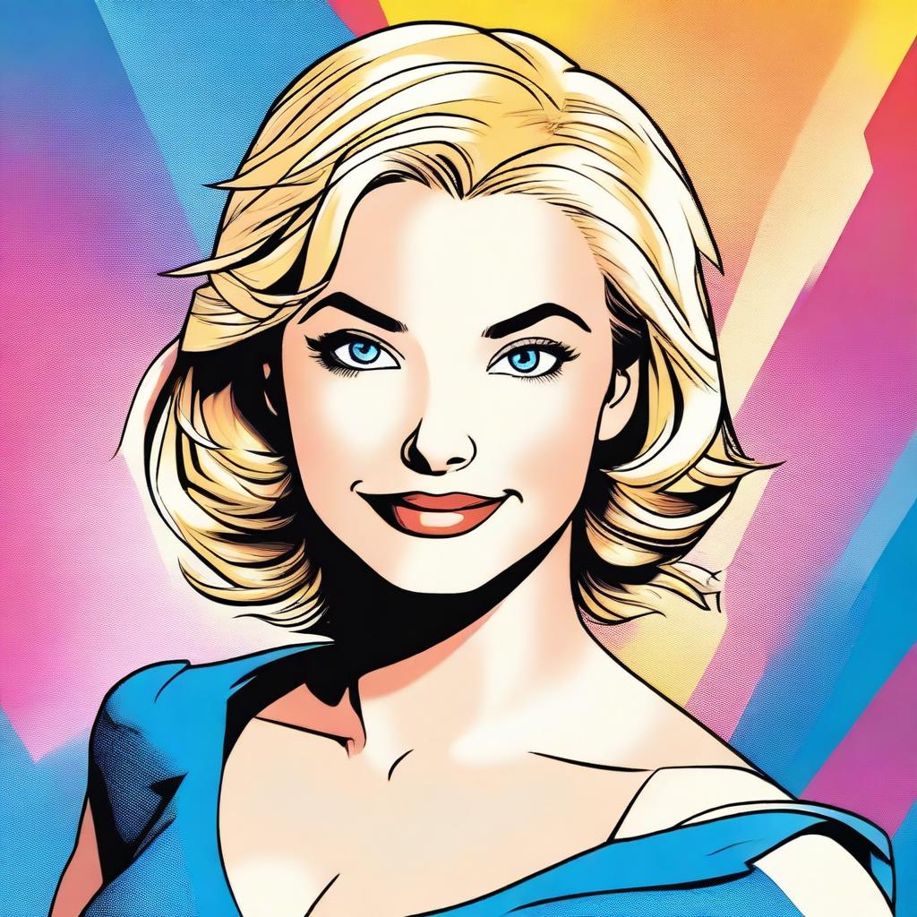 A DC comic book style illustration of a charming girl with short blonde hair and captivating blue eyes