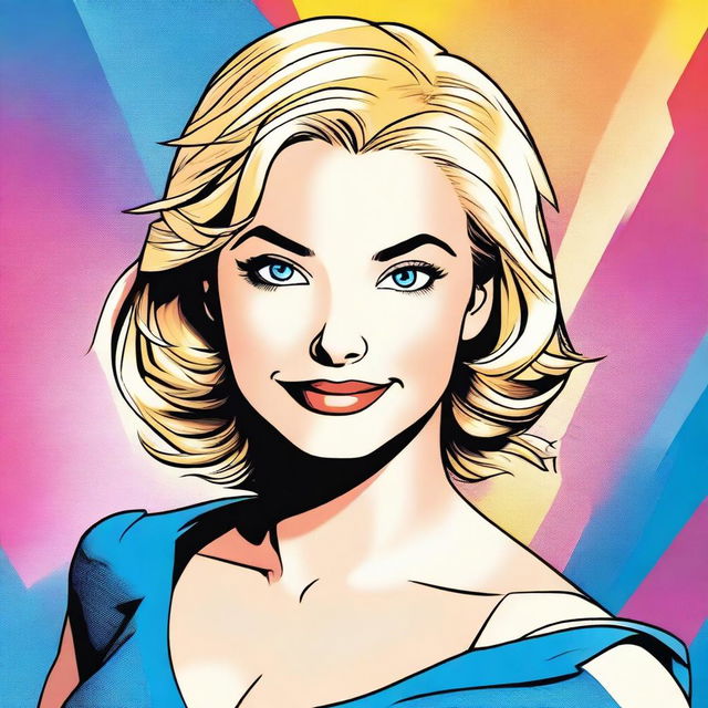 A DC comic book style illustration of a charming girl with short blonde hair and captivating blue eyes