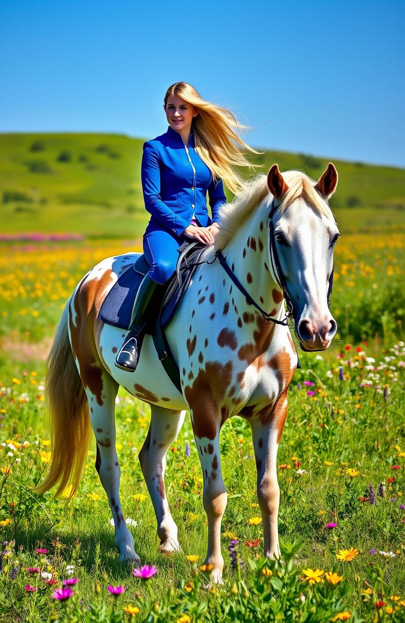 A stunning white and brown peacock Appaloosa horse standing proudly in a vibrant meadow