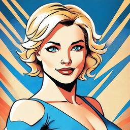 A DC comic book style illustration of a charming girl with short blonde hair and captivating blue eyes