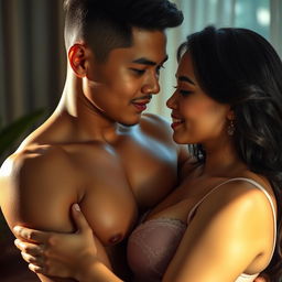 A handsome 22-year-old Indonesian man with an athletic build and clean white skin is portrayed in a very intimate setting with a beautiful 30-year-old woman