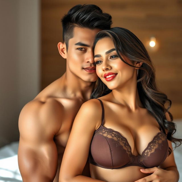 A handsome 22-year-old Indonesian man with an athletic build and clean white skin is portrayed in a very intimate setting with a beautiful 30-year-old woman