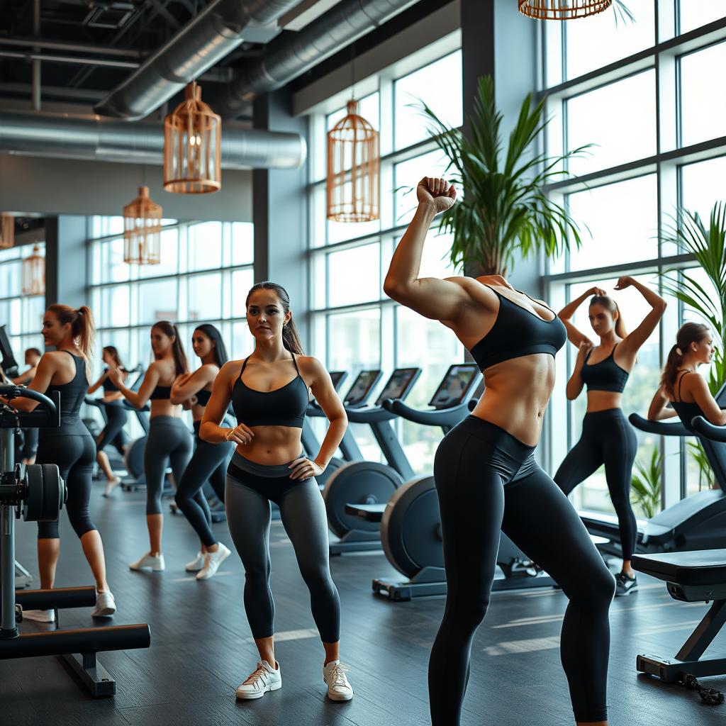 A vibrant gym scene featuring luxury and elegance, with stunning women working out