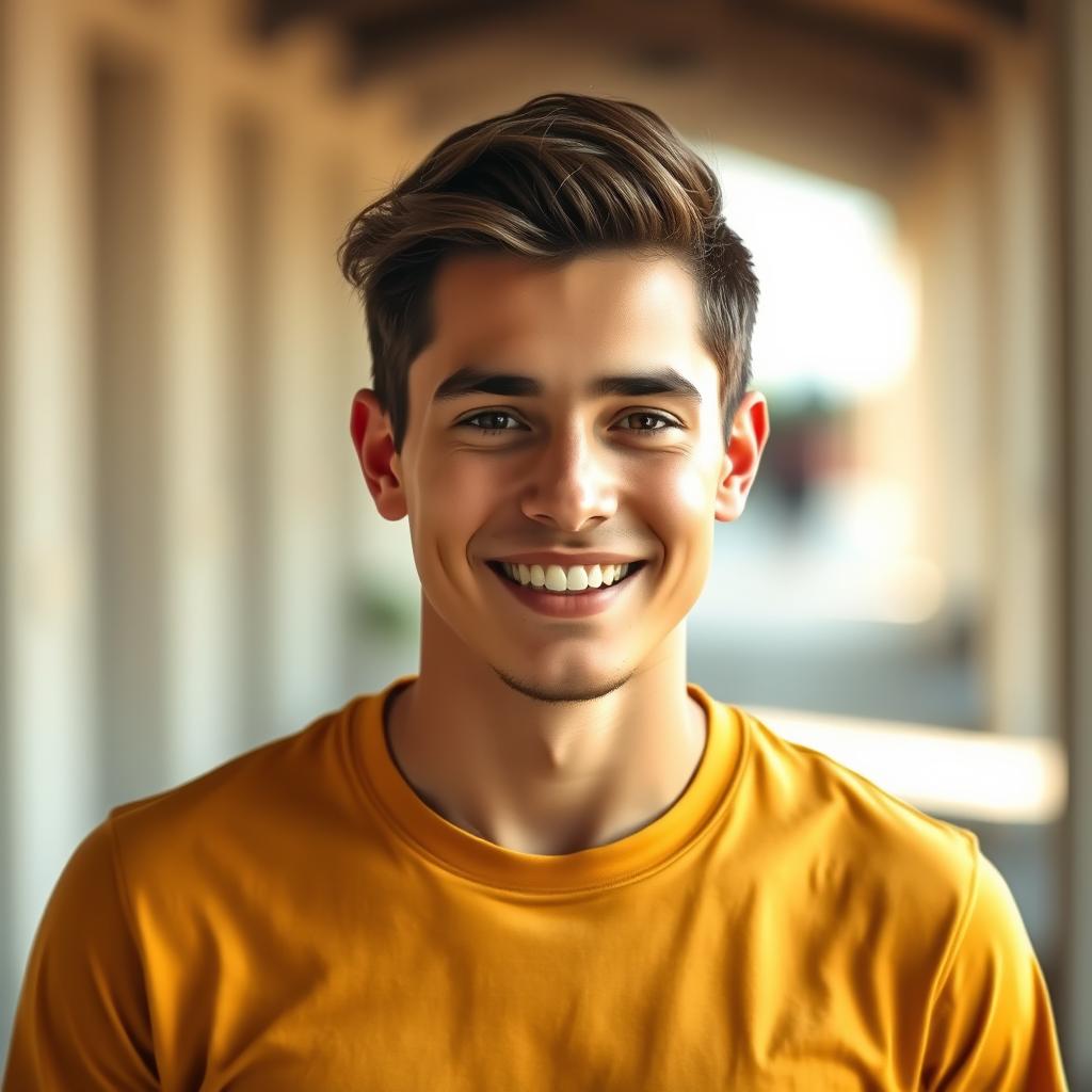 A portrait of a young man wearing a gold color t-shirt, with a clean and confident expression