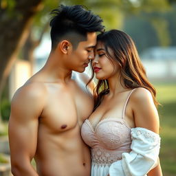 A handsome 22-year-old Indonesian man with an athletic build and clean white skin is depicted in a very intimate setting with a beautiful 30-year-old woman