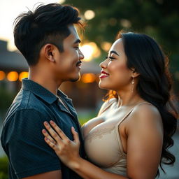 A handsome 22-year-old Indonesian man with an athletic build and clean white skin is depicted in a very intimate setting with a beautiful 30-year-old woman