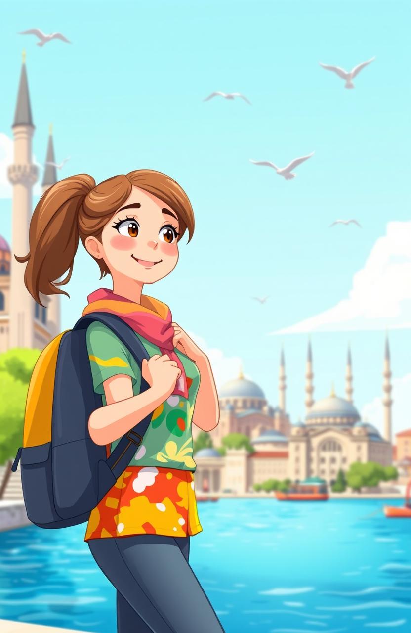 A vibrant animated scene depicting a young woman embarking on her journey to Istanbul