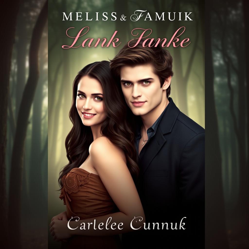 A captivating fantasy-themed book cover for a romance novel featuring the actress Melissa Asli Pamuk, who has long, wavy dark hair and a radiant smile, standing gracefully next to the fictional character Carlisle Cullen from the Twilight series, depicted as a handsome vampire with pale skin and striking golden eyes