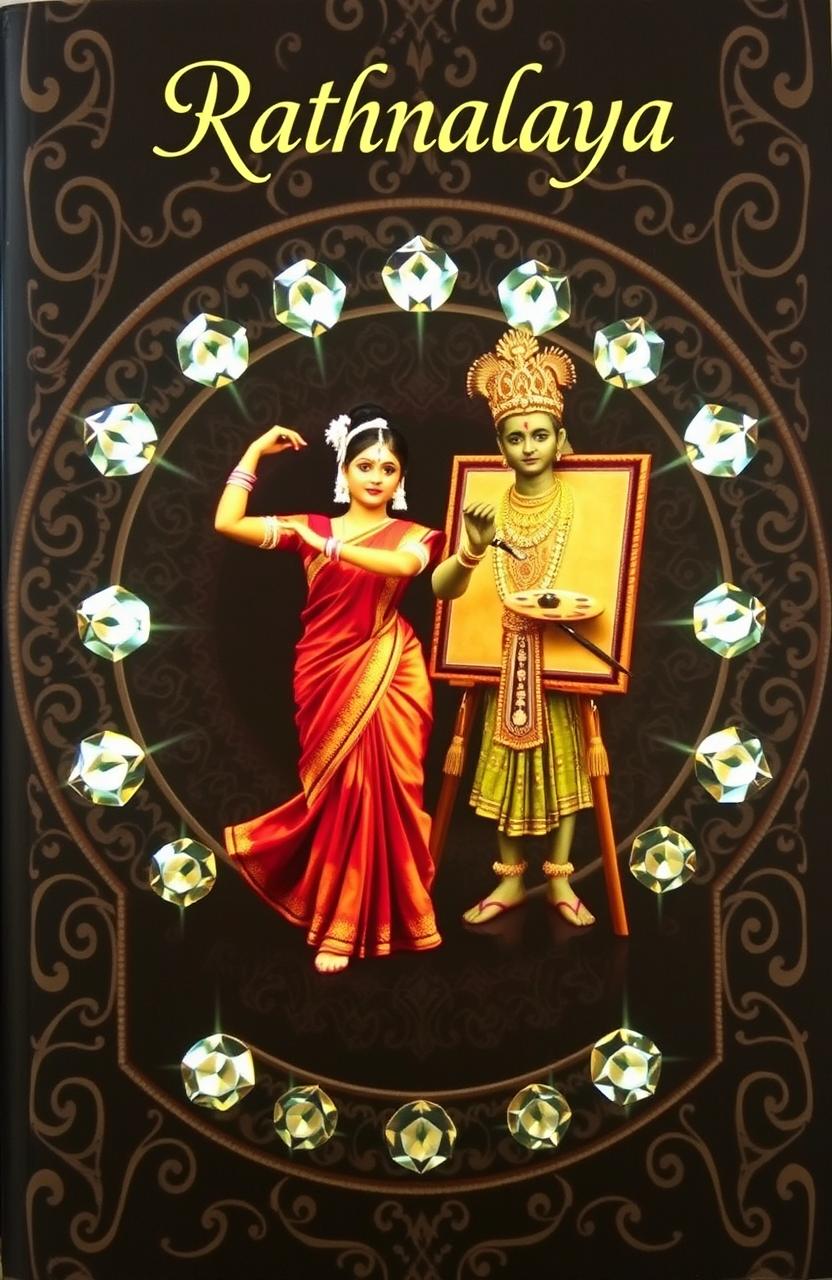 A captivating book cover featuring a classical South Indian dancer in vibrant traditional attire, gracefully posing in an elegant dance posture