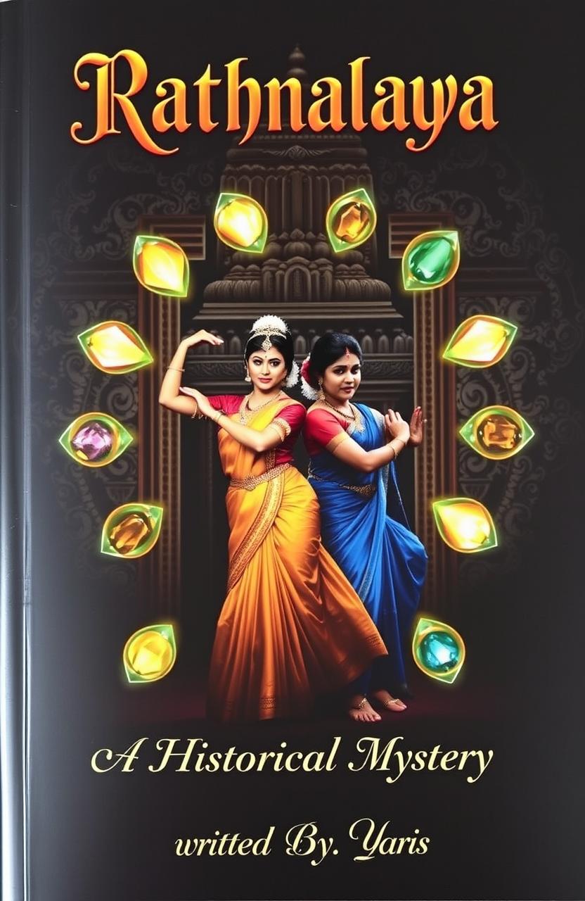 A book cover featuring a classical dancer and an artist from ancient South Indian times, elegantly posed amidst a backdrop of glowing nine gemstones (navarathnams) arranged artistically around them