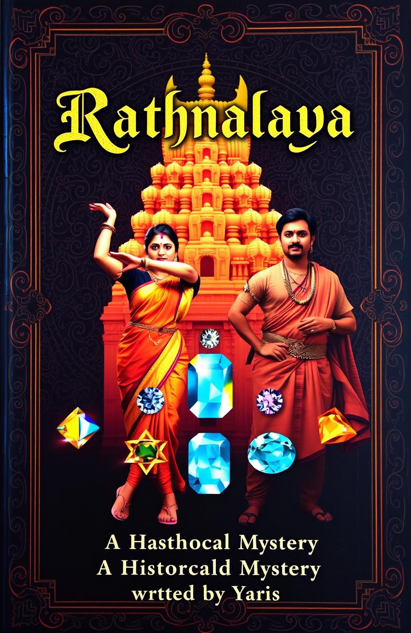 A captivating book cover featuring a female classical dancer in traditional South Indian attire performing an elegant pose, alongside a male artist dressed in ancient South Indian garb