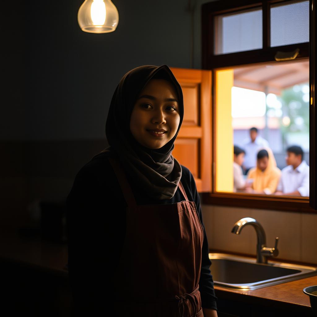 A young Indonesian Muslim woman standing alone in the kitchen of a traditional Islamic boarding school (pesantren) during the evening