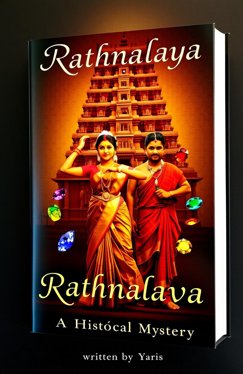 A striking book cover featuring a female classical dancer in traditional South Indian attire, gracefully posed, alongside a male artist dressed in ancient South Indian clothing, both surrounded by nine exquisite gemstones representing the navarathnams