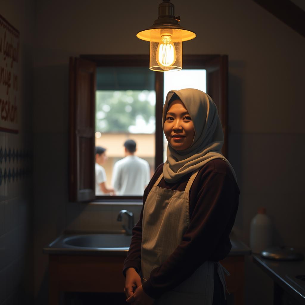 A beautiful young Indonesian Muslim woman standing alone in the kitchen of a traditional Islamic boarding school (pesantren) during the evening