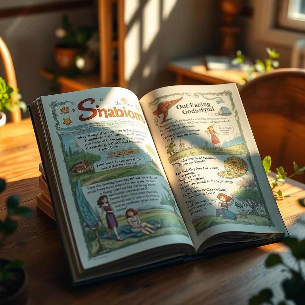A beautifully illustrated open book with colorful pages, displaying intricate and whimsical drawings that tell a fantastic story