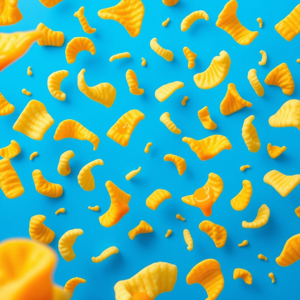 A vibrant packaging design template featuring scattered and flying potato chips against a bright blue background
