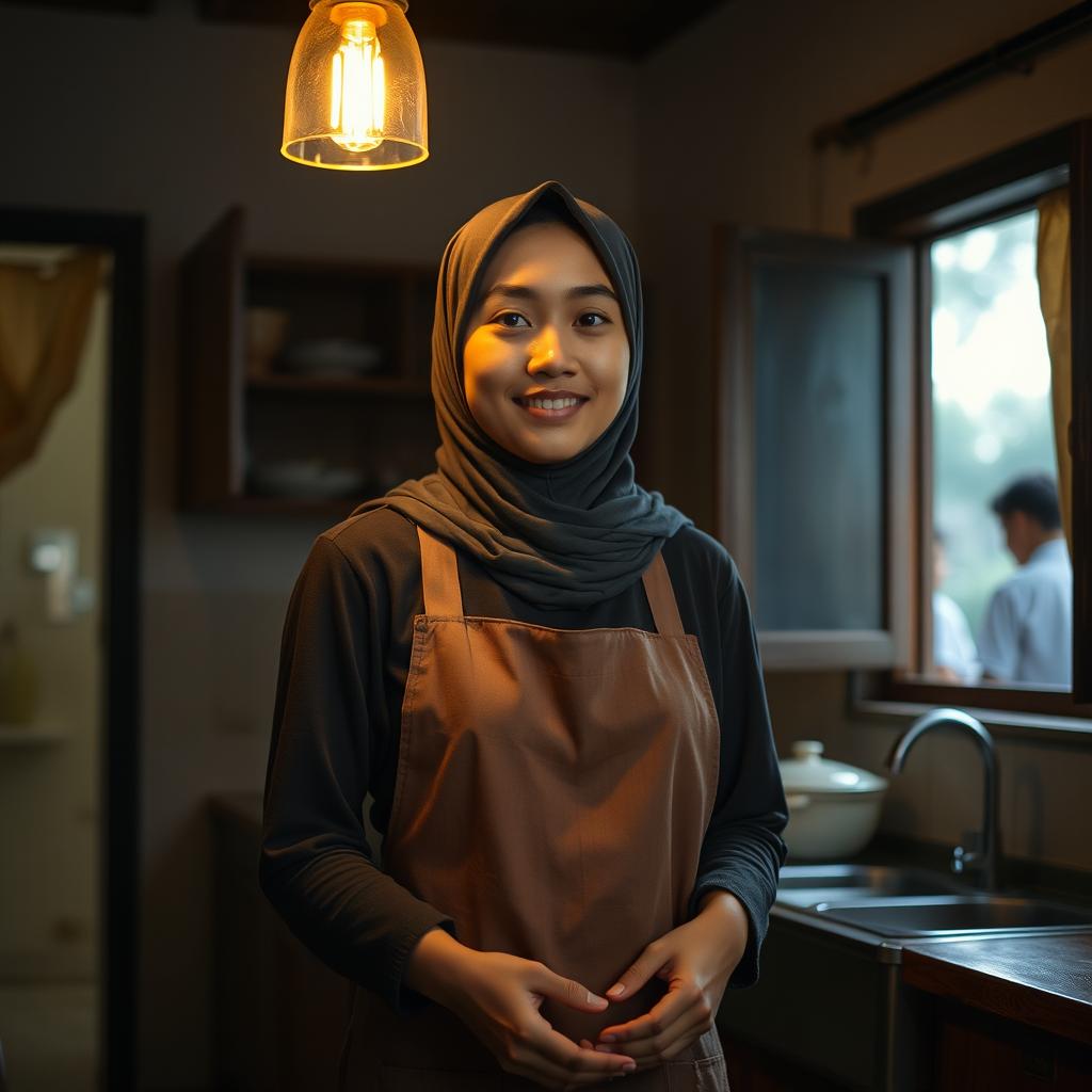 A young, beautifully modest Muslim woman standing alone in the kitchen of a traditional Islamic boarding school (pesantren) during the evening