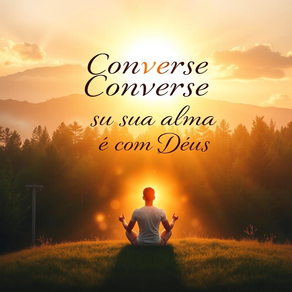 Book cover design for a title 'Converse com sua alma e com Deus', featuring a serene landscape with a golden sunrise illuminating a peaceful forest