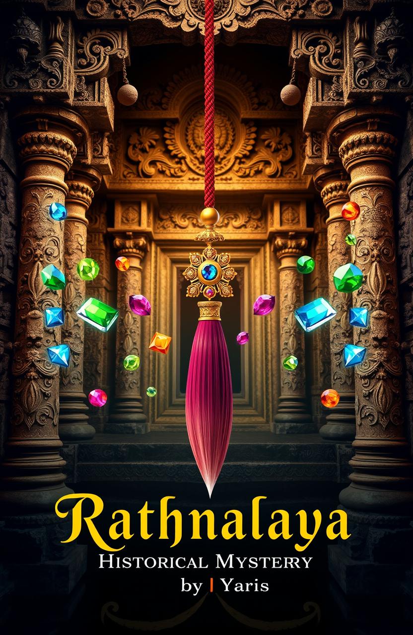 A book cover design featuring a beautifully artistic depiction of a ghungroo and a paintbrush elegantly tied together, set against the backdrop of an ancient temple rich in intricate carvings and weathered stone textures