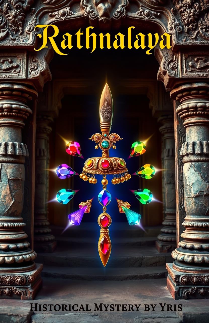 A mystical book cover featuring a beautifully detailed ghungroo (anklet) and a paintbrush artistically intertwined together, set against the backdrop of an ancient temple adorned with intricate carvings and weathered stone