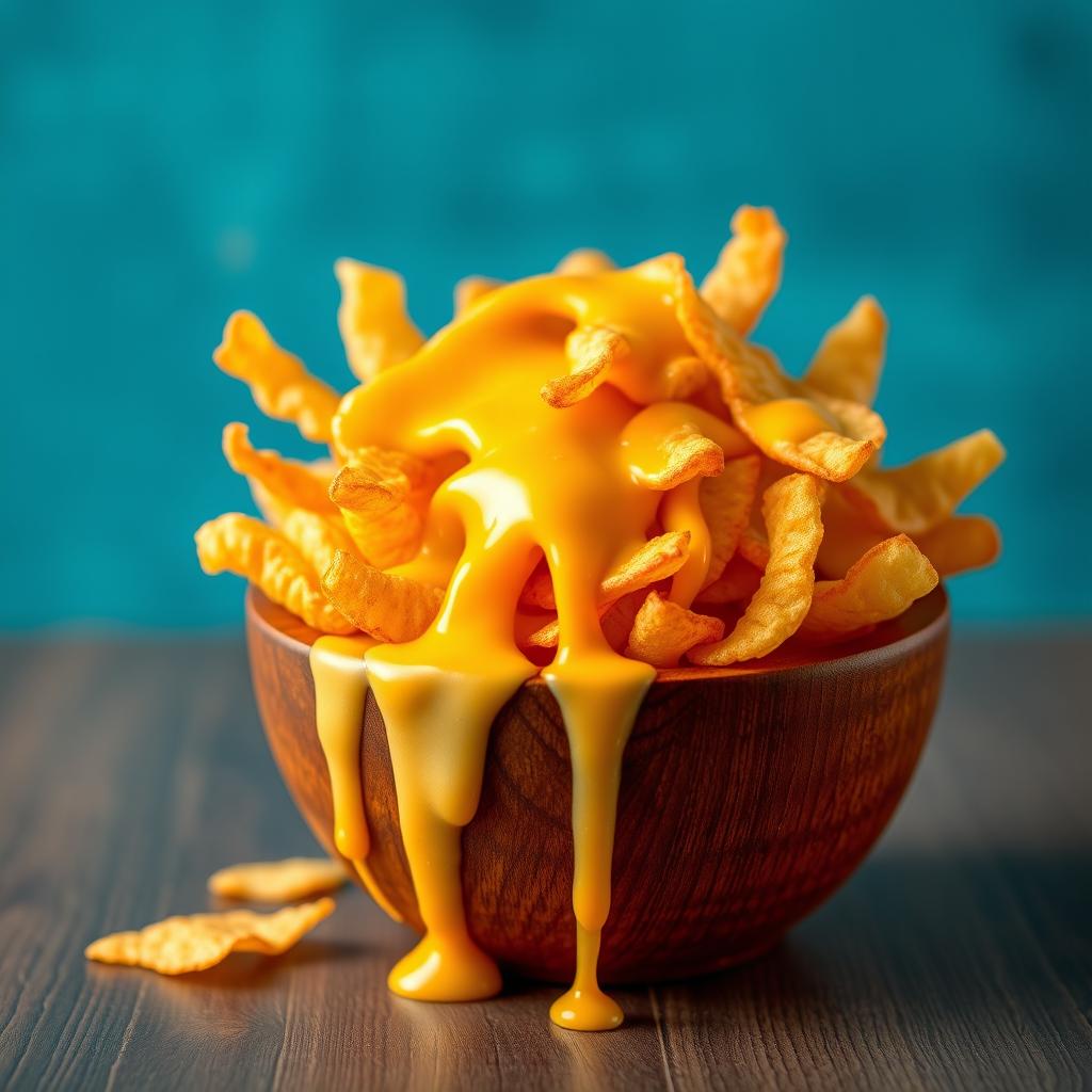 A vibrant blue background featuring a rustic wooden bowl filled with crispy potato chips, generously topped with luscious, melting cheese