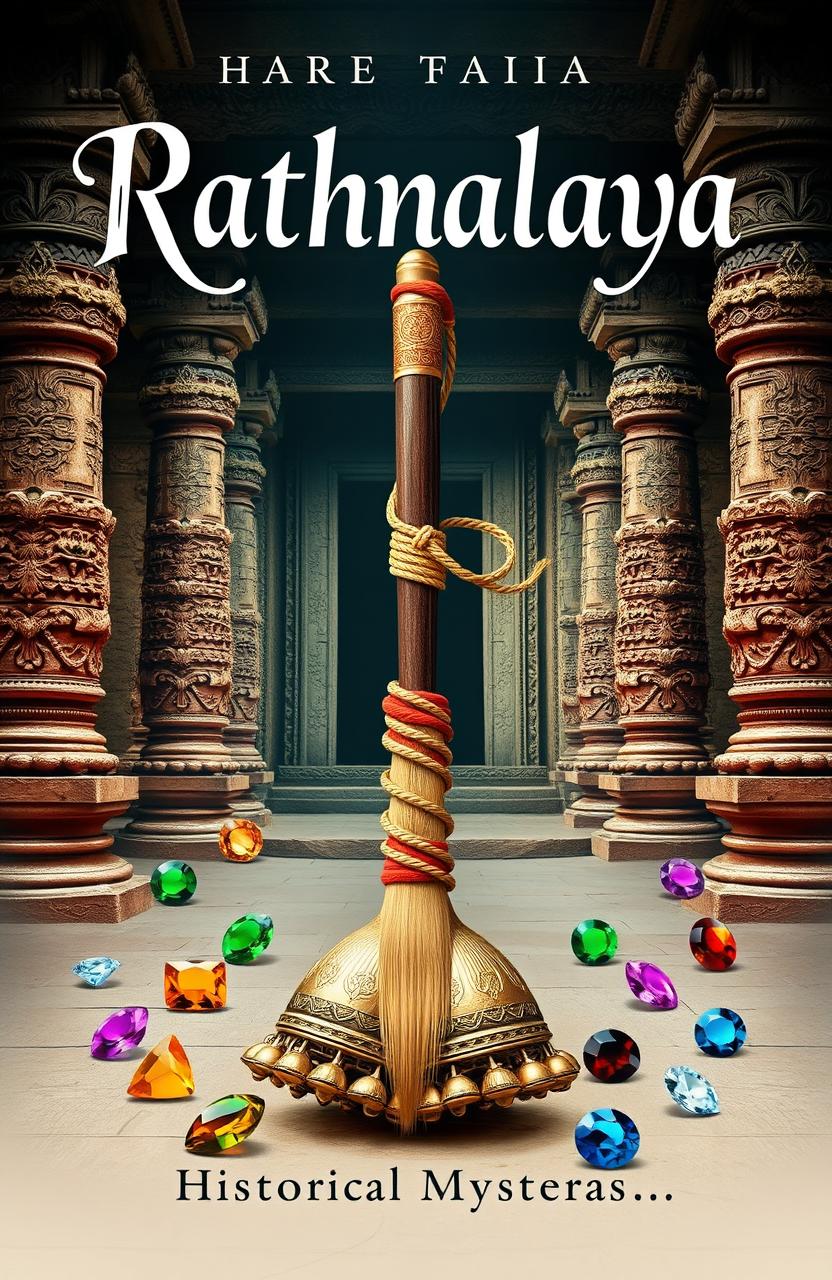 A stunning Wattpad book cover featuring a traditional ghungroo (Indian ankle bells) and a paintbrush intricately tied together, placed in front of an ancient temple backdrop with ornate carvings and pillars