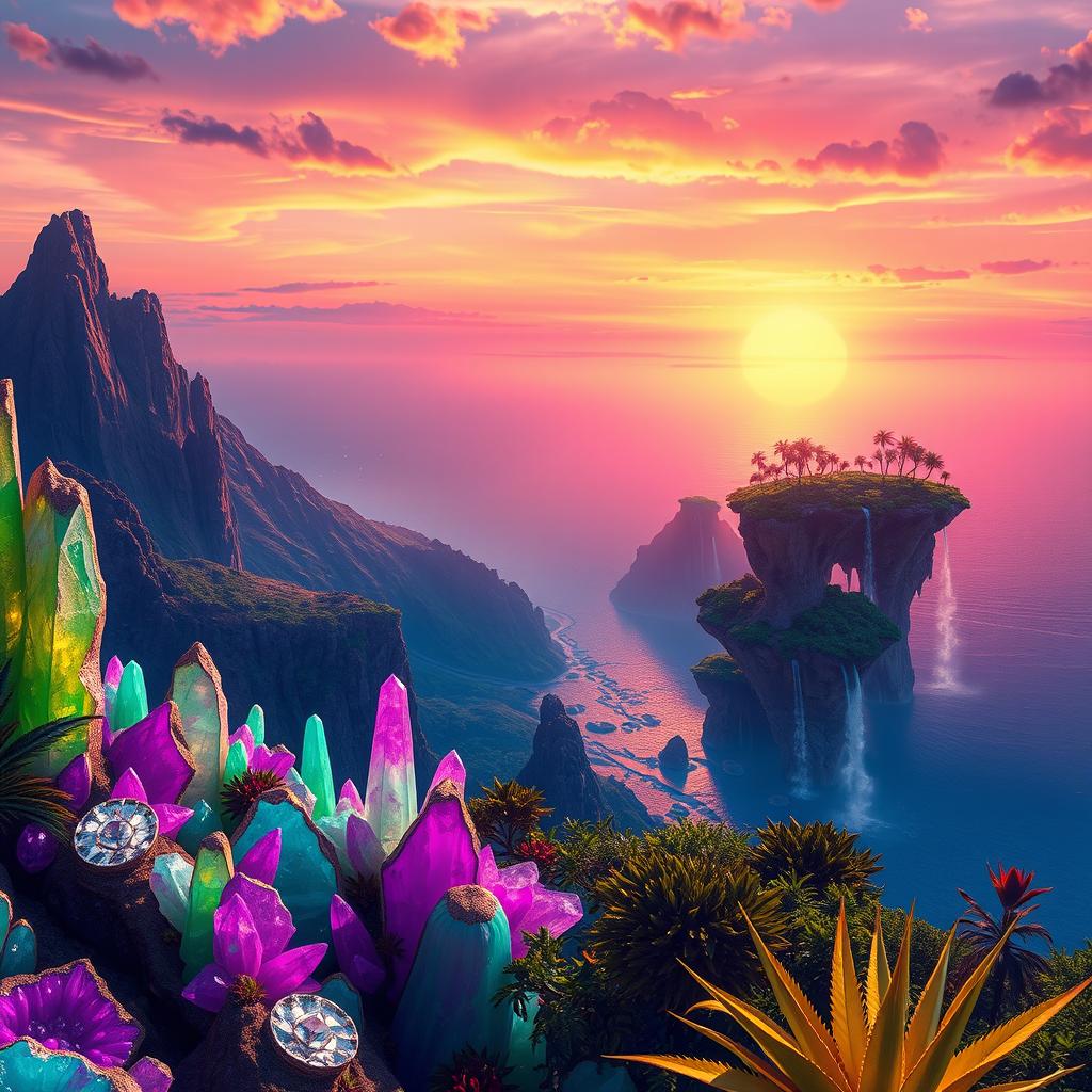 A breathtaking view of a fantastical planet, featuring vibrant colors such as deep purples and bright greens in the atmosphere