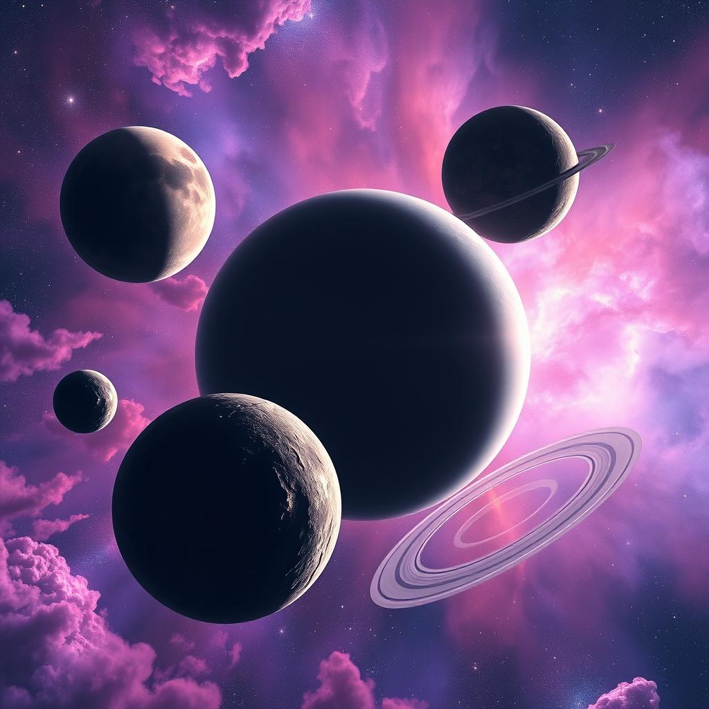 A stunning cosmic scene showcasing a variety of planets in a colorful nebula