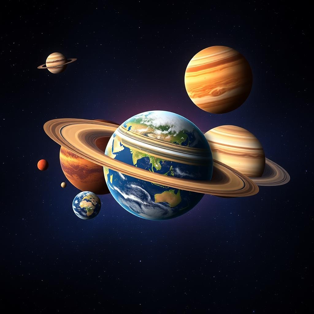 A stunning depiction of the solar system, showing all major planets in a beautiful cosmic arrangement