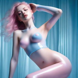 This ultra high-resolution, realistic photograph, taken with a Nikon camera, captures a young woman in latex transparent white stockings