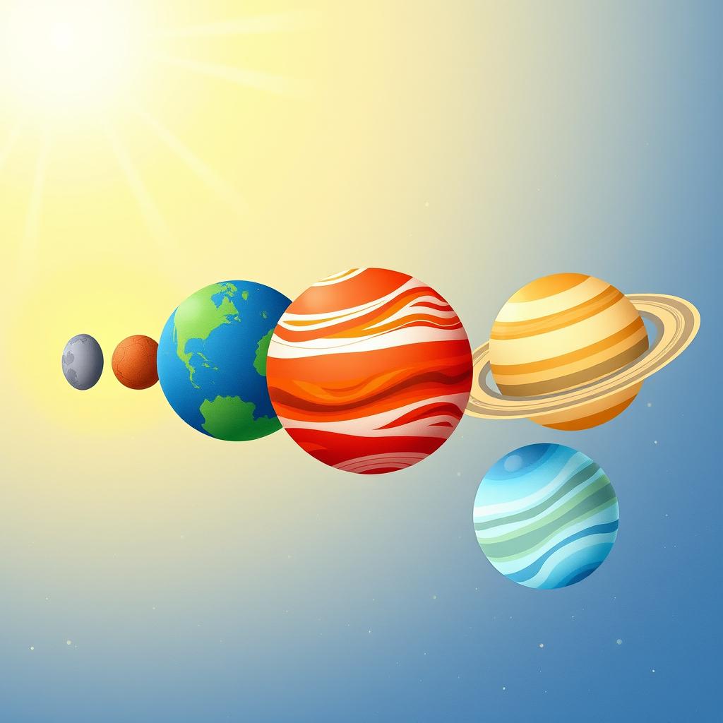 An educational and visually captivating illustration showcasing the eight planets of the solar system: Mercury, Venus, Earth, Mars, Jupiter, Saturn, Uranus, and Neptune