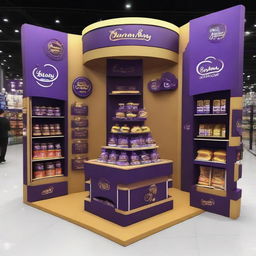 Design a Cadbury display stand inspired by Ramadan with dimensions 240x160x150 cm. Incorporate Islamic shapes, glass materials, soft lighting, and shelves adorned with Ramadan lanterns, creating a captivating haven for chocolate enthusiasts.