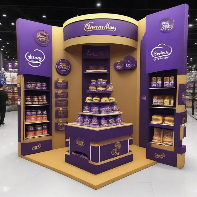 Design a Cadbury display stand inspired by Ramadan with dimensions 240x160x150 cm. Incorporate Islamic shapes, glass materials, soft lighting, and shelves adorned with Ramadan lanterns, creating a captivating haven for chocolate enthusiasts.