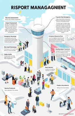 A detailed illustration depicting airport risk management, showcasing various aspects such as security assessments, emergency response plans, risk assessment workshops, and safety audits