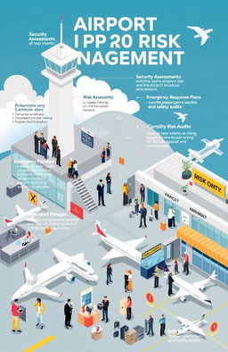 A detailed illustration depicting airport risk management, showcasing various aspects such as security assessments, emergency response plans, risk assessment workshops, and safety audits