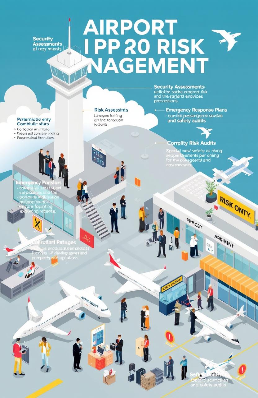 A detailed illustration depicting airport risk management, showcasing various aspects such as security assessments, emergency response plans, risk assessment workshops, and safety audits