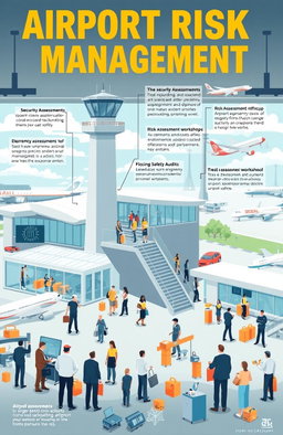 A detailed illustration depicting airport risk management, showcasing various aspects such as security assessments, emergency response plans, risk assessment workshops, and safety audits
