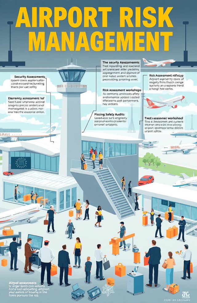 A detailed illustration depicting airport risk management, showcasing various aspects such as security assessments, emergency response plans, risk assessment workshops, and safety audits