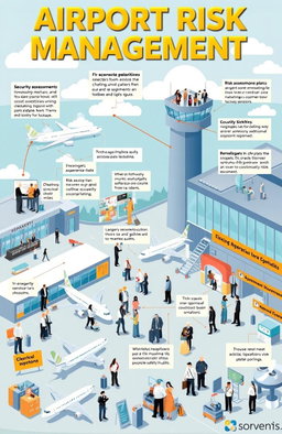 A detailed illustration depicting airport risk management, showcasing various aspects such as security assessments, emergency response plans, risk assessment workshops, and safety audits