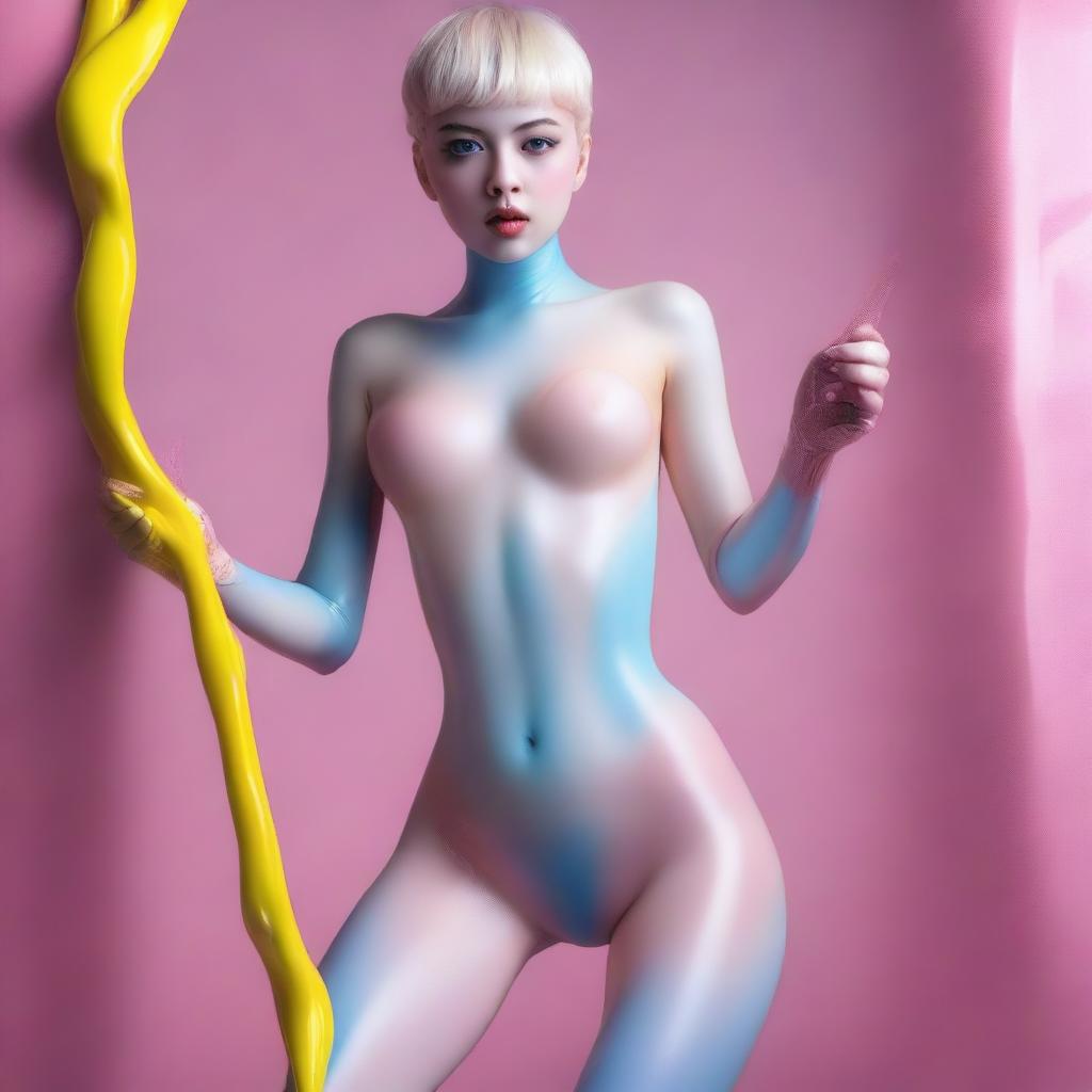 An ultra high-resolution, realistic photograph taken with a Nikon camera unveils a young woman with milky skin in latex transparent white stockings