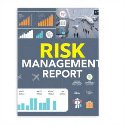 An informative and visually engaging report cover for airport risk management, featuring elements such as graphs showing risk assessment data, images of airport operations including check-in counters, baggage handling, and security checks