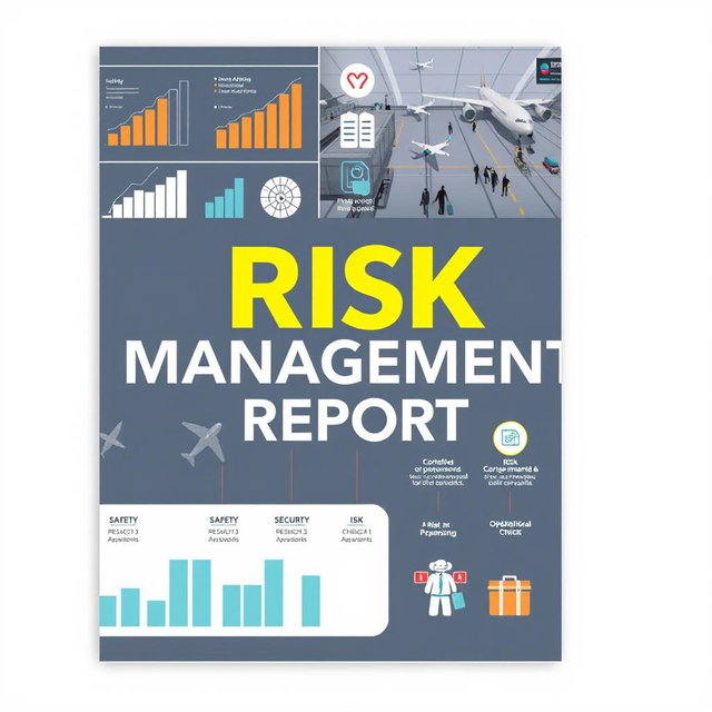 An informative and visually engaging report cover for airport risk management, featuring elements such as graphs showing risk assessment data, images of airport operations including check-in counters, baggage handling, and security checks