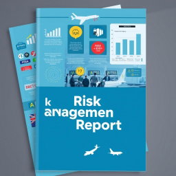 An informative and visually engaging report cover for airport risk management, featuring elements such as graphs showing risk assessment data, images of airport operations including check-in counters, baggage handling, and security checks