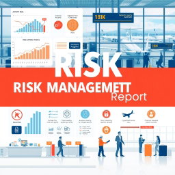 An informative and visually engaging report cover for airport risk management, featuring elements such as graphs showing risk assessment data, images of airport operations including check-in counters, baggage handling, and security checks
