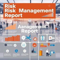 An informative and visually engaging report cover for airport risk management, featuring elements such as graphs showing risk assessment data, images of airport operations including check-in counters, baggage handling, and security checks