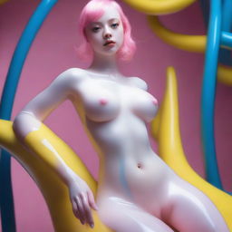 An ultra high-resolution, realistic photograph taken with a Nikon camera unveils a young woman with milky skin in latex transparent white stockings