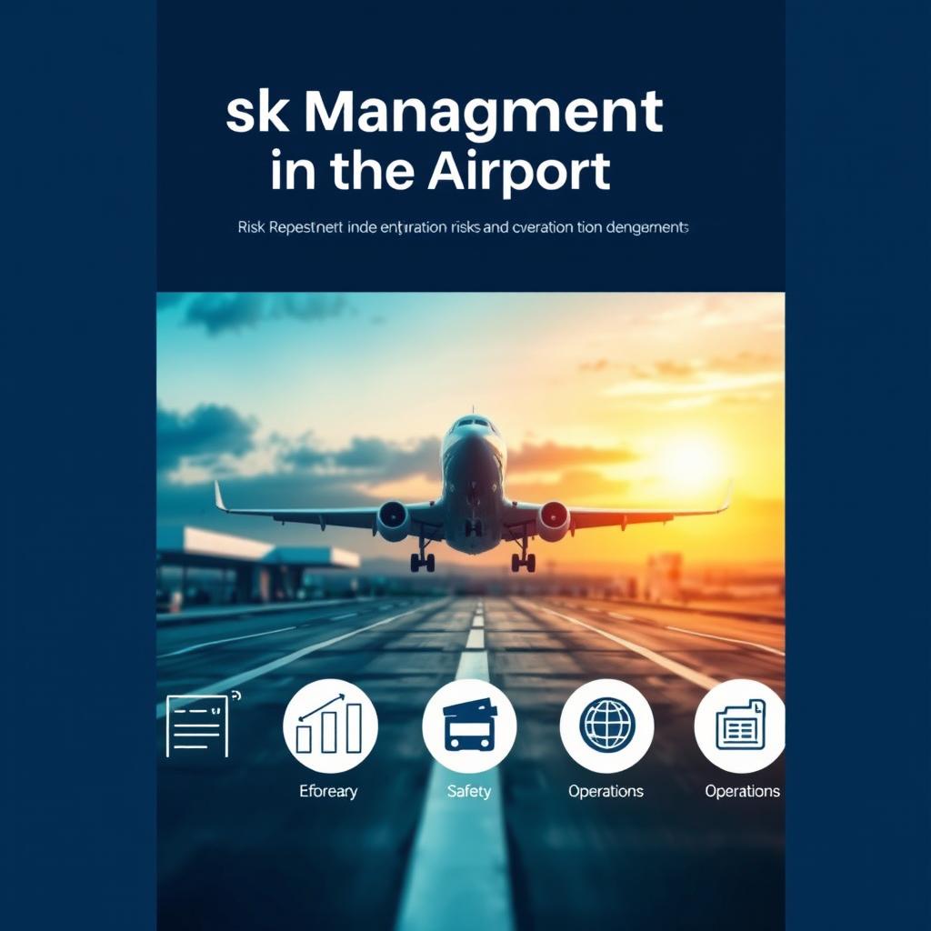 A professional cover design for a report on airport risk management, featuring a striking image of an airport runway with an airplane taking off or landing, symbolizing safety and vigilance