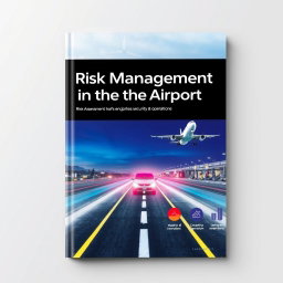 A professional cover design for a report on airport risk management, featuring a striking image of an airport runway with an airplane taking off or landing, symbolizing safety and vigilance