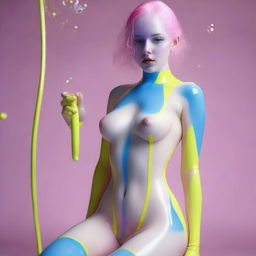 An ultra high-resolution, realistic photograph taken with a Nikon camera unveils a young woman with milky skin in latex transparent white stockings